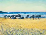 Wildebeest on the Beach, Wild Coast by Zakkie Eloff, oil on canvas, sold Mar 2022