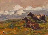 Landscape with Cattle by Adriaan Boshoff, oil on canvas laid down on board, sold Mar 2022