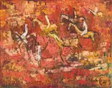 Jack Lugg, Figures on Horseback, oil on board
