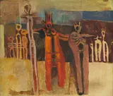 Cecil Skotnes, Composition with Figures, acrylic on canvas laid down on board