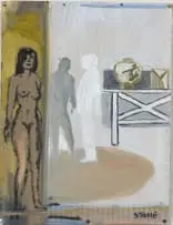 Two Men and a Nude by Simon Stone, oil on corrugated board, sold Nov 2021