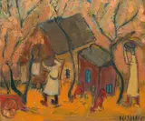Frans Claerhout, Farmyard with Figures and Chickens