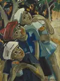 Iris Ampenberger, Three Children, oil on canvas laid down on board