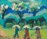 Frans Claerhout, Landscape with Three Figures with Umbrellas