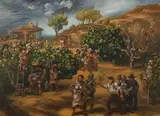 Hilary Graham, Orange Pickers, oil on board