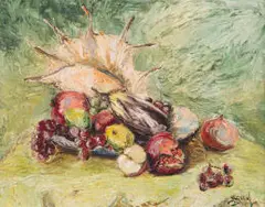 Stella Shawzin, Still Life with Fruit and Conch Shell, oil on canvas