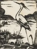 Heron by Maggie Laubser, linocut on tissue paper, sold Nov 2021