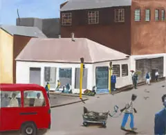 Sam Nhlengethwa, Street Scene with Red Taxi, oil and collage on canvas