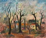 George Enslin, Houses with Bare Trees, oil and pastel on board
