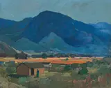 Mountain Landscape with Dwellings by Piet van Heerden, oil on canvas, offered Nov 2021