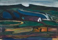 Pranas Domšaitis, Landscape with Dwellings, recto; Vase of Flowers, verso, oil on board
