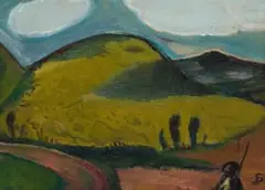 Pranas Domšaitis, Landscape with Figure, oil on board