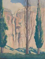 Jacobus Hendrik Pierneef, Landscape with Cliffs with Cypress Trees, oil on canvas laid down on board
