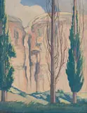 Landscape with Cliffs with Cypress Trees by Jacobus Hendrik Pierneef, oil on canvas laid down on board, sold Nov 2021