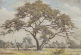 Erich Mayer, Tree and Huts Behind, oil on canvas laid down on card