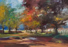 Derric Van Rensburg, Landscape with Autumn Trees, oil on canvas laid down on board