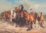 János Viski, Thundering Hooves, oil on canvas