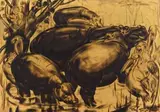 Clément Serneels, Hippo Heaven, oil and gold leaf on board