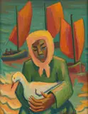 Maggie Laubser, Woman in a Yellow Headscarf with Bird and Boats