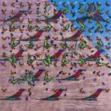Helmut Starcke, Composition with Carmine Bee-eaters, Butterflies and Locusts, acrylic on canvas