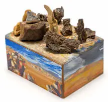 Erik Laubscher, Sources of Inspiration, mixed media with gouache, rock and bone on a wooden box