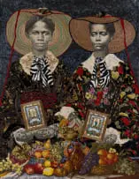 Marion Boehm, Red Ribbon, mixed media with textiles and collage on paper