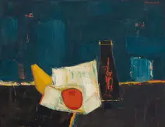Erik Laubscher, Still Life with Fruit and Bottle, oil on canvas