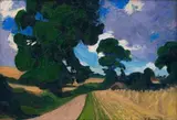 Bertha Everard, Landscape with Road alongside Wheatfield, oil on canvas