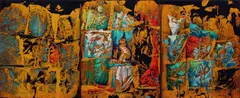 Abstract Composition, triptych by Alexis Preller, oil and gold leaf on wood panels, offered May 2022