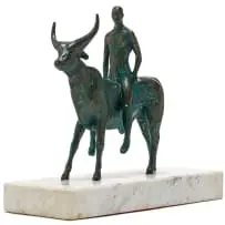Joss Nell, Man on Ox, 1989, bronze with a dark brown and blue patina on a marble base