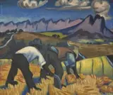 Maggie Laubser, Harvesters in Wheatfield, Mountains and Clouds in Background, oil on cardboard
