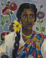 Maggie Laubser, Portrait of a Woman wearing a Sari against a Floral Background, oil on artist's board