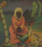 Woman with Chickens beneath a Paw-Paw Tree by Maggie Laubser, oil on board, sold Apr 2022