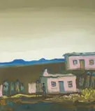 Figures Outside Cottages by Walter Battiss, oil on canvas, sold Apr 2022