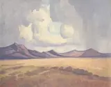 Landscape with Mountains Beyond by Jacobus Hendrik Pierneef, oil on board, sold Apr 2022