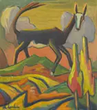 Buck in a Landscape by Maggie Laubser, oil on board, sold Apr 2022
