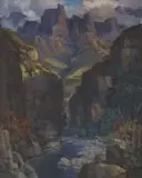 River Through a Gorge by Hugo Naude, oil on canvas, offered Apr 2022