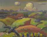 Landscape with Houses by Maggie Laubser, oil on artist's board, sold Apr 2022