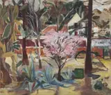 Maud Sumner, A Blossoming Tree and House in a Wooded Landscape, oil on canvas