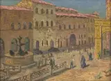 Harry Stratford Caldecott, Village Square, oil on canvas