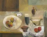 Cecil Skotnes, Still Life with Vessels and Fruit on a Table, oil on panel