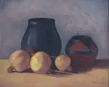 Still Life with Vessels and Pomegranates by Jacobus Hendrik Pierneef, oil on card, sold Apr 2022