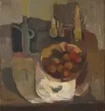 Cecil Skotnes, Still Life with Peaches in a Bowl and Vessels on a Table, oil on wood panel