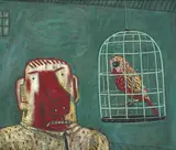 Norman Catherine, Man with Bird Cage, oil on hessian