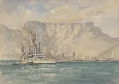 George William Pilkington, Cape Town, S.A, Arrival of German M. O. War Schelswig-Holstein (sic), 1932, watercolour on paper laid down on card