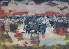 Gordon Vorster, Gemsbok and Zebra, gouache on paper