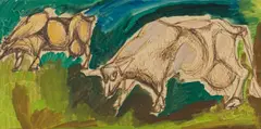 Zoltan Borbereki, Grazing Cattle, ink and watercolour on paper