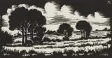 David Botha, Landscape with Trees and Clouds, linocut on paper