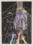 Ben Mphande, The Helping Hand, linocut and watercolour on paper
