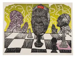 Hope for Better Days by Tshogofatso Nkhumeleng, linocut and watercolour on paper, sold Nov 2021